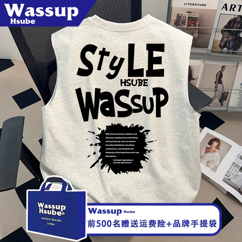 WASSUP HSUBE夏季纯棉无袖T恤ins上衣男女潮酷字母印花白灰色背心