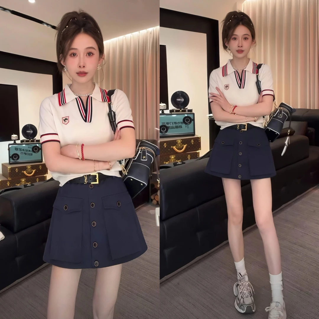 今年流行漂亮裙子套装女小个子撞色针织POLO领短袖上衣裙裤两件套