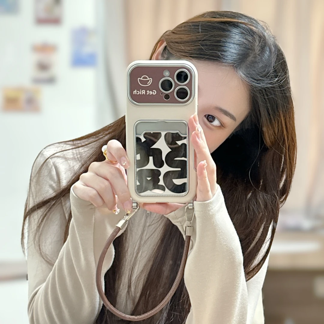 大视窗卡包镜面棕色发字适用苹果17pormax手机壳iPhone14防摔1516