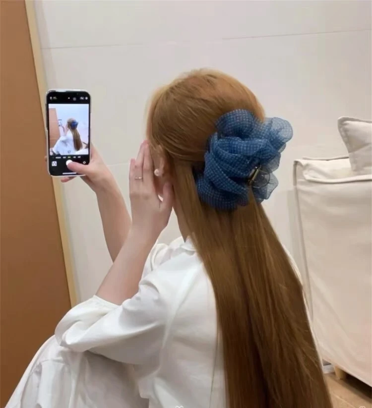 【阿敲】A1512~（13cm）蓝格子泡泡纱抓夹显发量大号鲨鱼夹-麦穗头饰