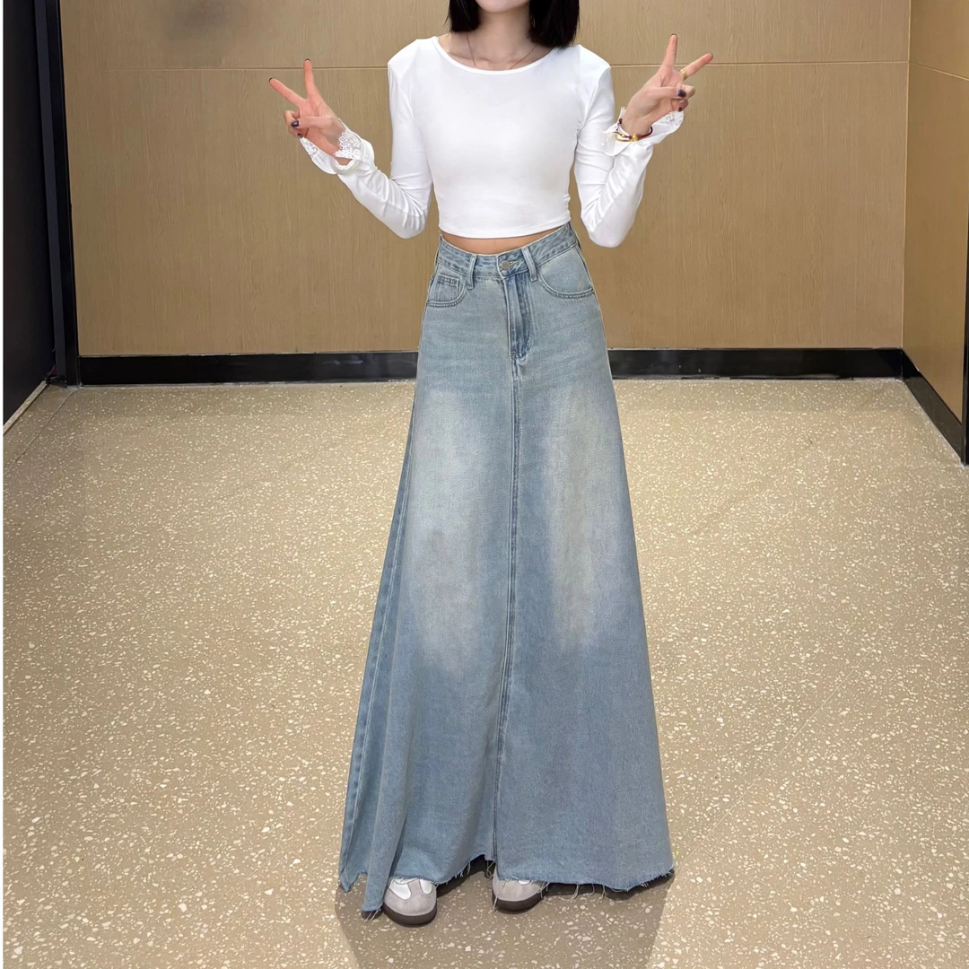 【SUSU】春夏百搭白月光高腰水洗显瘦韩系大摆加长牛仔裙半身裙