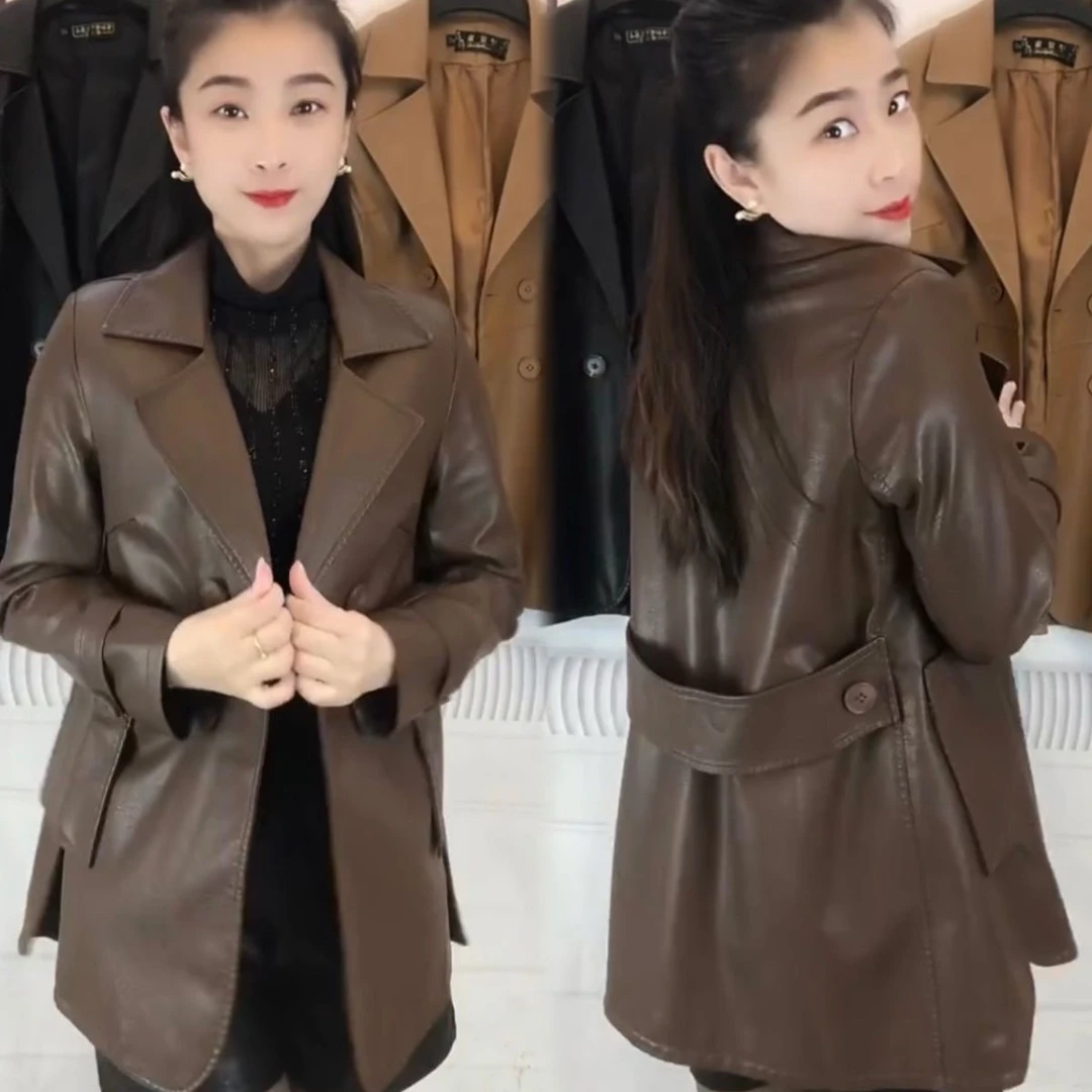 高级感皮衣外套女春秋2025新款爆款休闲西装领中长款pu皮夹克上衣