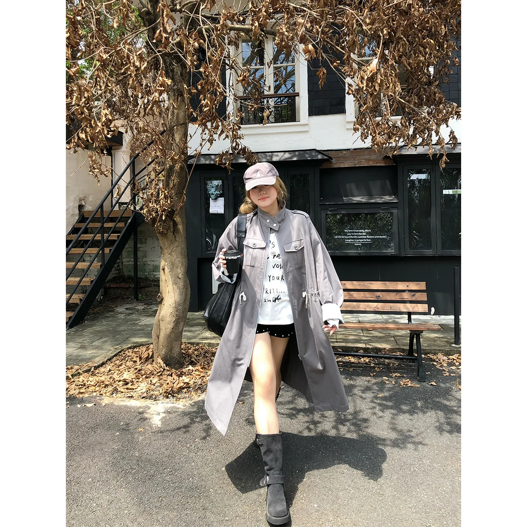 安妮不火【旧书店巡游】休闲随性格纹拼接抽绳立领风衣A253DY0001