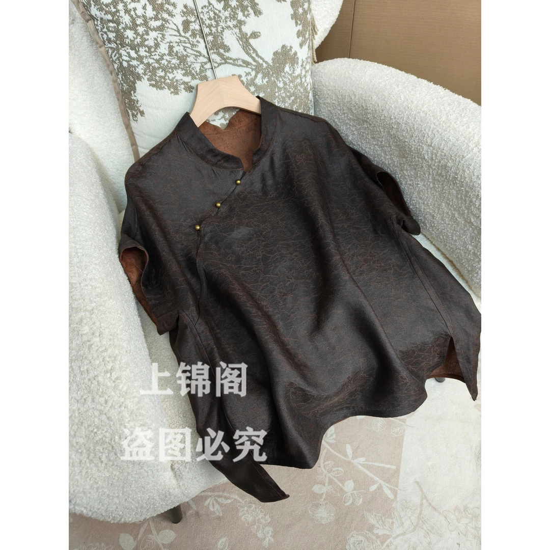 136新中式老油皮立领斜襟前短后长侧开叉短袖上衣时尚百搭简约