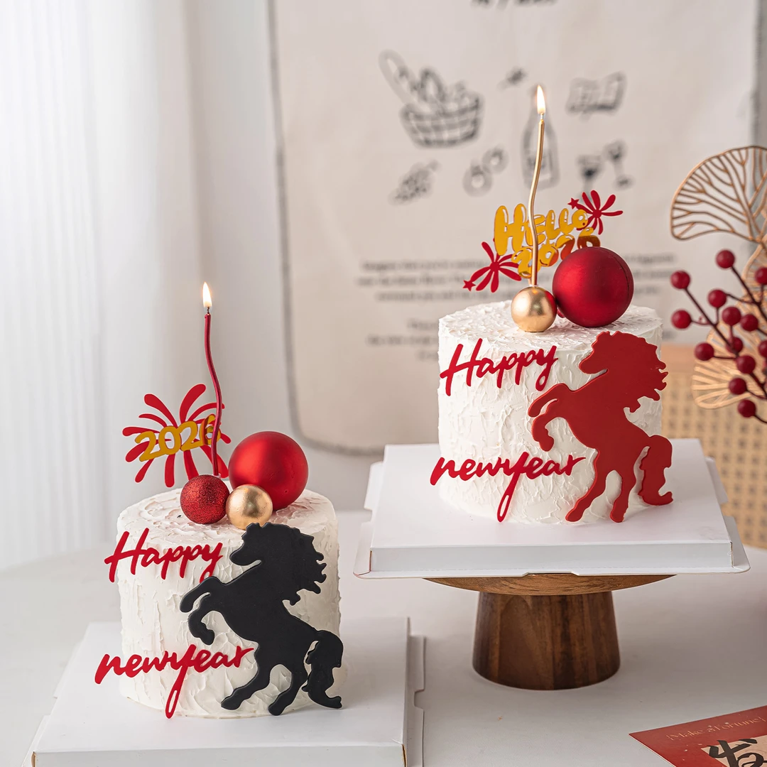 网红2026马年元旦除夕跨年蛋糕装饰新年礼花马到成功亚克力插件