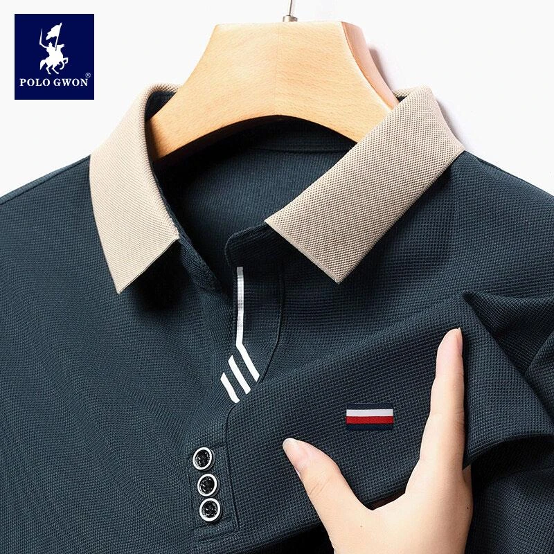 POLOGWON/保罗男士春秋季Polo衫宽松休闲商务长袖翻领印花T恤衫男