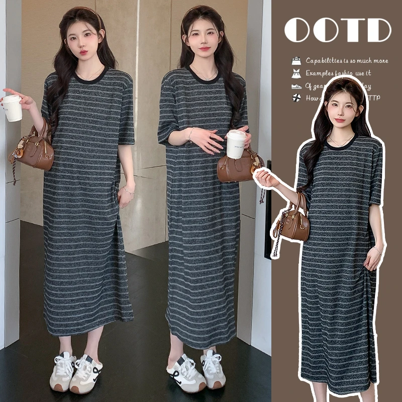 { 糕糕 }孕妇装2025夏季新款韩版休闲宽松慵懒风条纹大码连衣裙