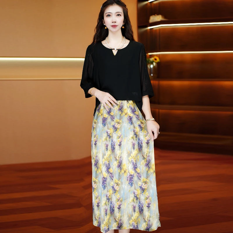 紫黄绮梦裙   洋气时尚中长款夏季时连衣裙百搭遮肉裙子