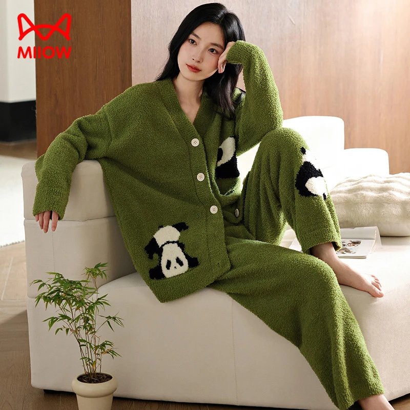 猫人半边绒睡衣女秋冬季熊猫加绒加厚2025新款家居服可居家可外穿