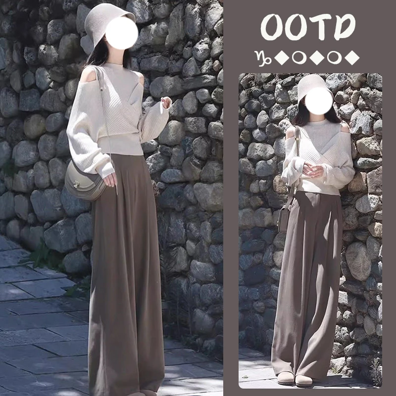 春季穿搭一整套女2025新款时尚设计感露肩针织衫高腰西装裤两件套