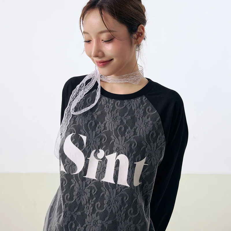 SFNT「蕾丝绮梦」撞色蕾丝拼接插肩袖长袖T恤女款圆领百搭上衣秋