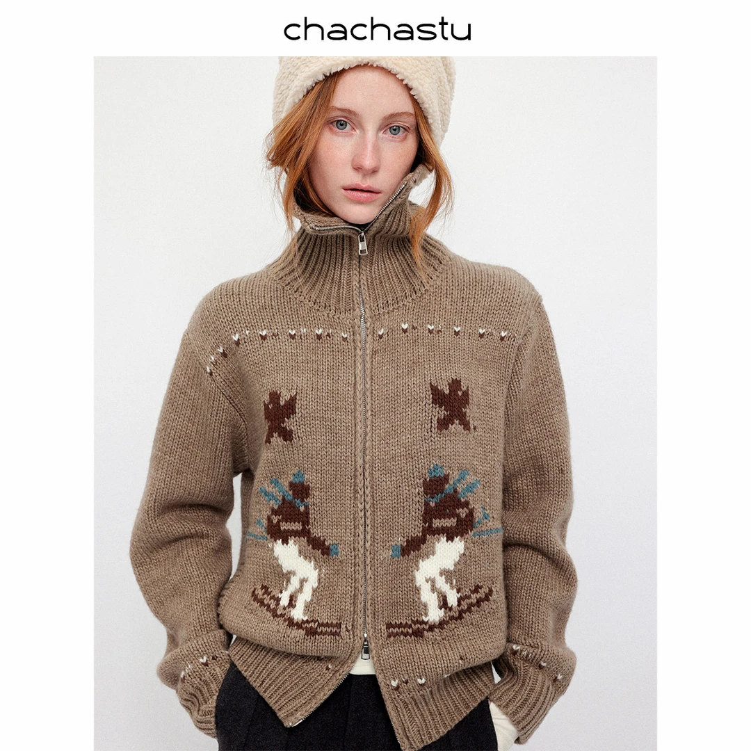 CHACHASTU 高领高弹提花费尔岛针织外套经典双开拉链毛衣XX6133