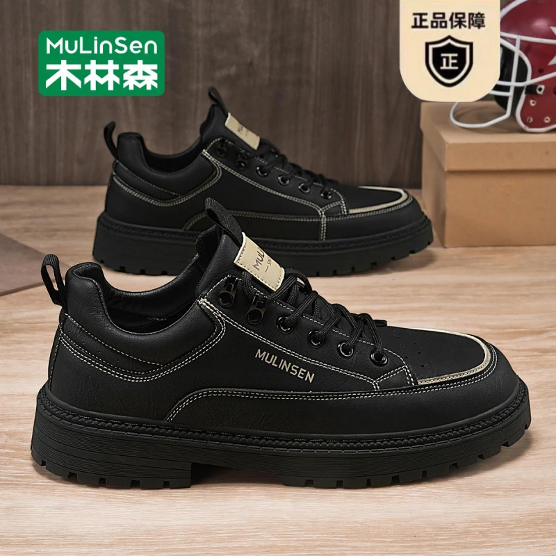 木林森男鞋夏季英伦男士工作休闲皮鞋黑色复古运动低帮工装马丁鞋