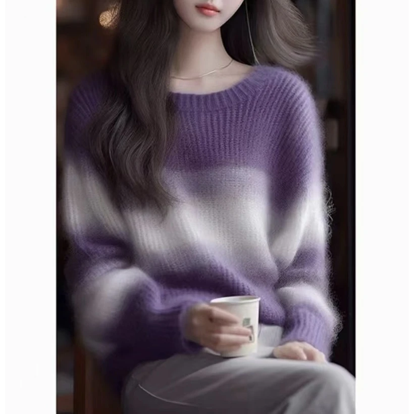 百搭长袖圆领套头春秋慵懒风紫色条纹针织女