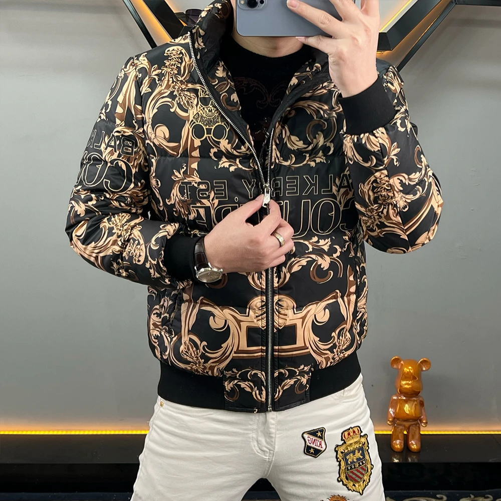 欧货高端冬季立领羽绒服男潮流休闲个性印花白鸭绒保暖百搭外套