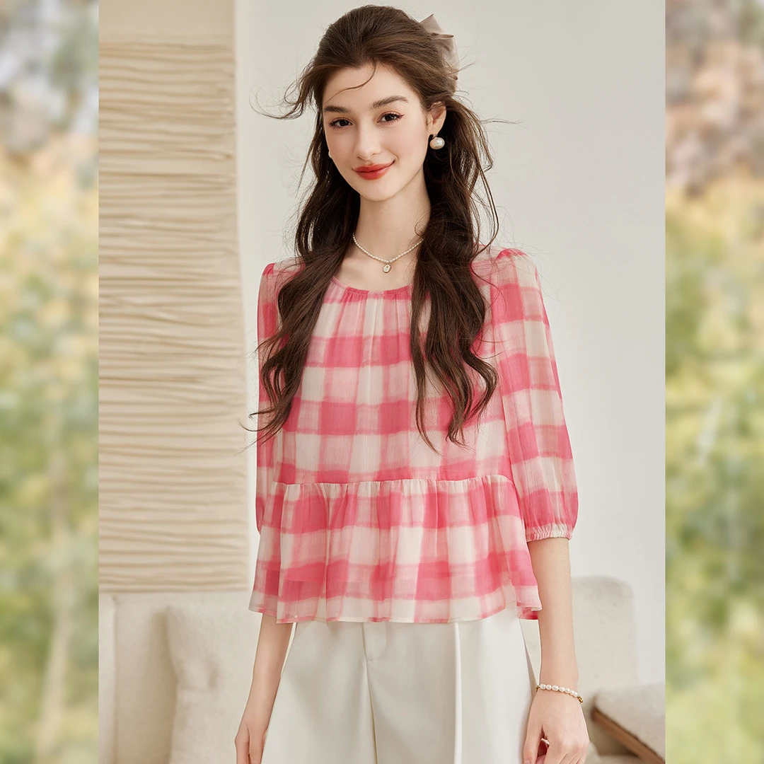 【商场同款新品】白鹿语夏款优雅气质无弹正肩拼接衬衫WYU20155