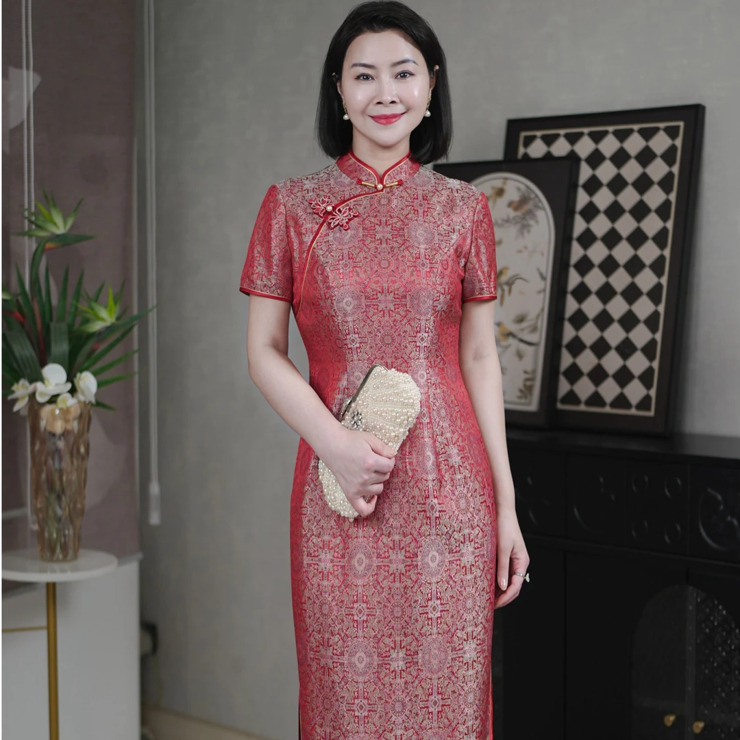 非遗宋锦旗袍八达运新中式喜婆婆婚宴礼服高级感年轻妈妈喜服6319