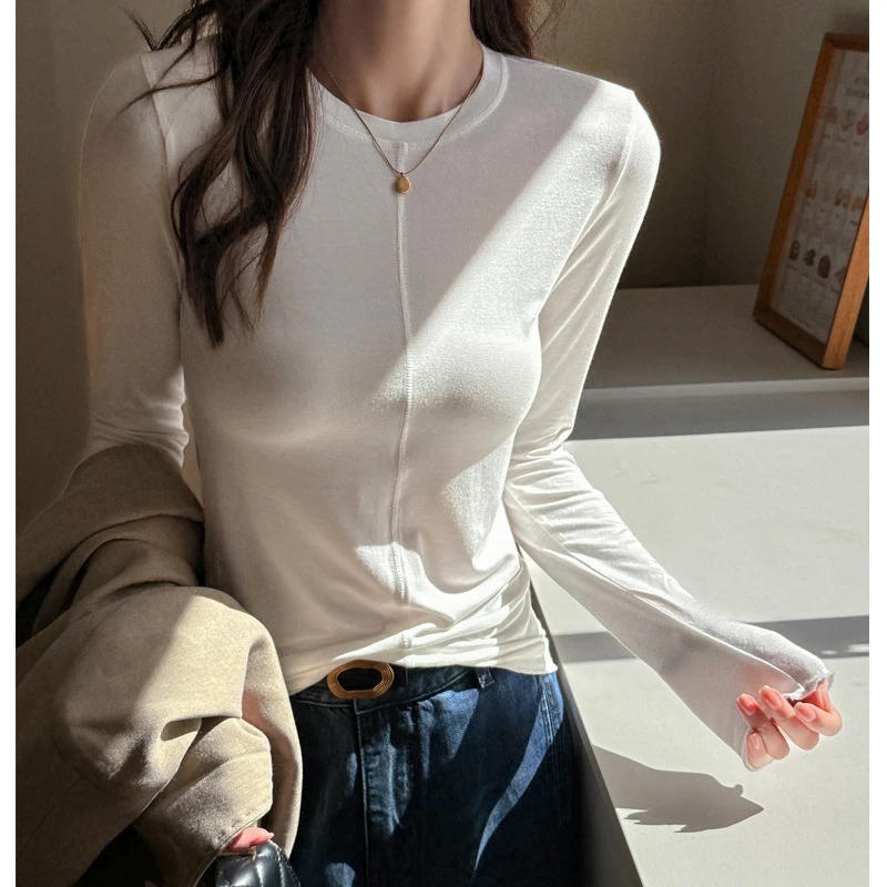 早秋莫代尔圆领设计感白色打底衫女士内搭秋冬季简约长袖t恤上衣