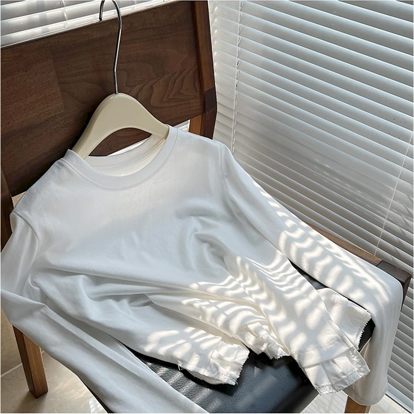 韩系小清新减龄百搭抽褶花边拼接圆领长袖白色T恤女春季打底上衣