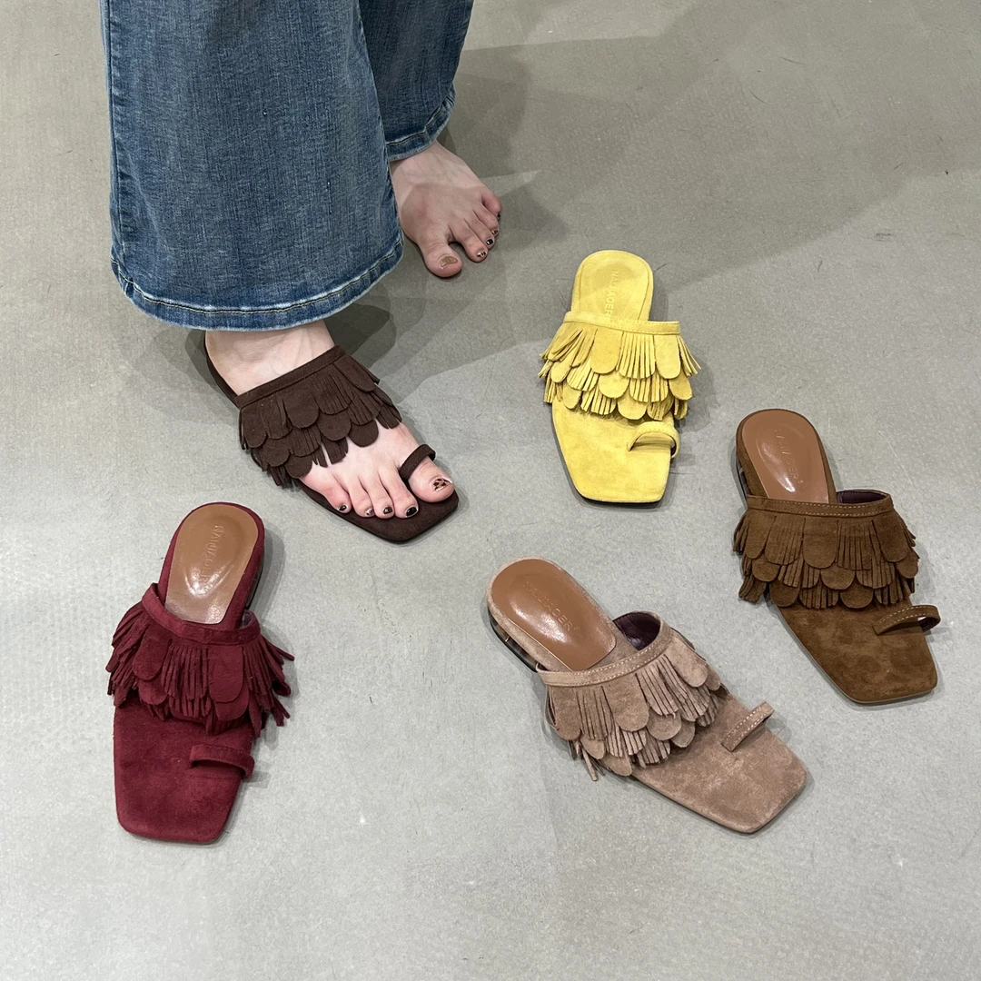 法式绝美流苏拖鞋女夏外穿超火网红方头套趾凉拖磨砂