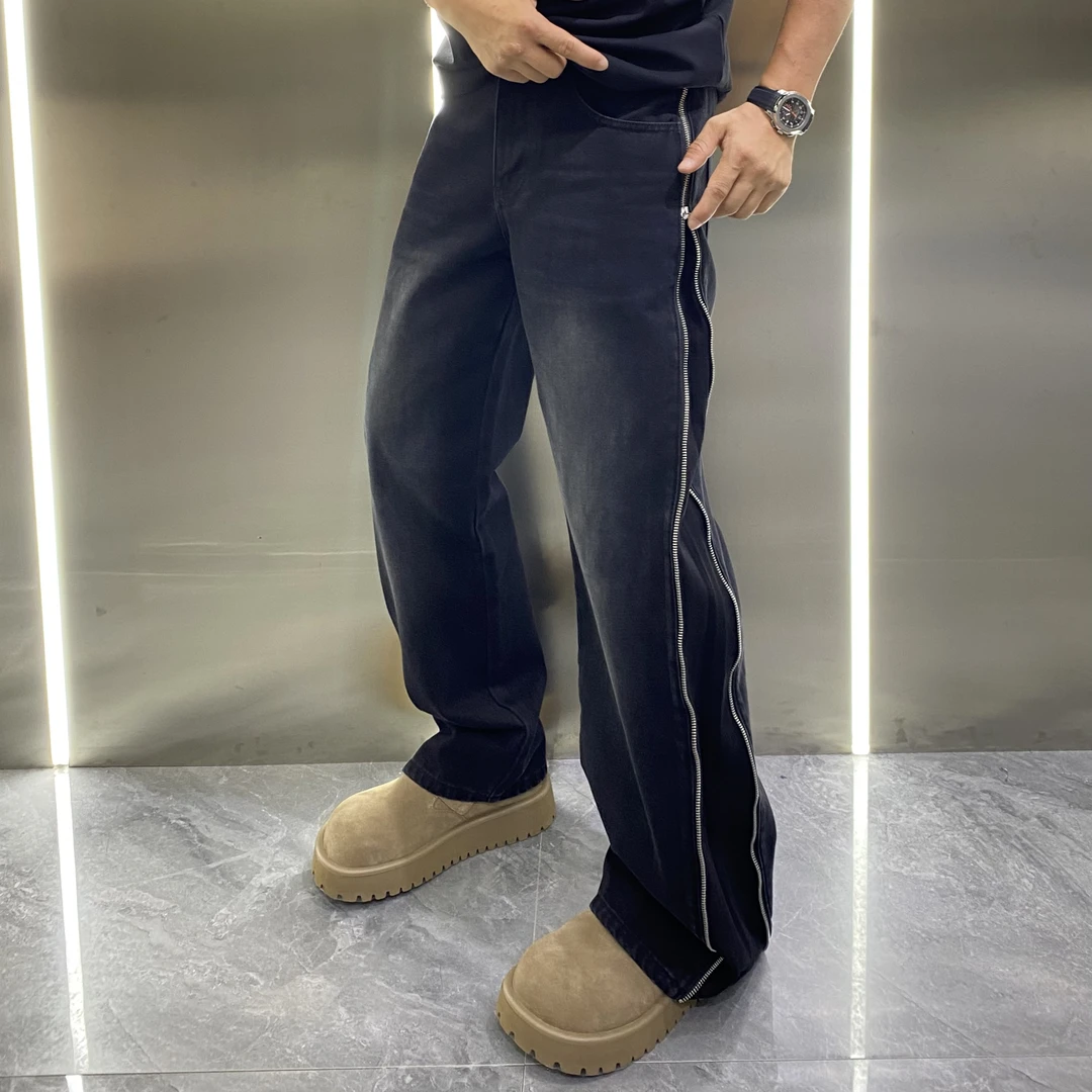 美式高街复古拉链中直筒微宽松牛仔裤痞帅个性潮流设计感百搭长裤