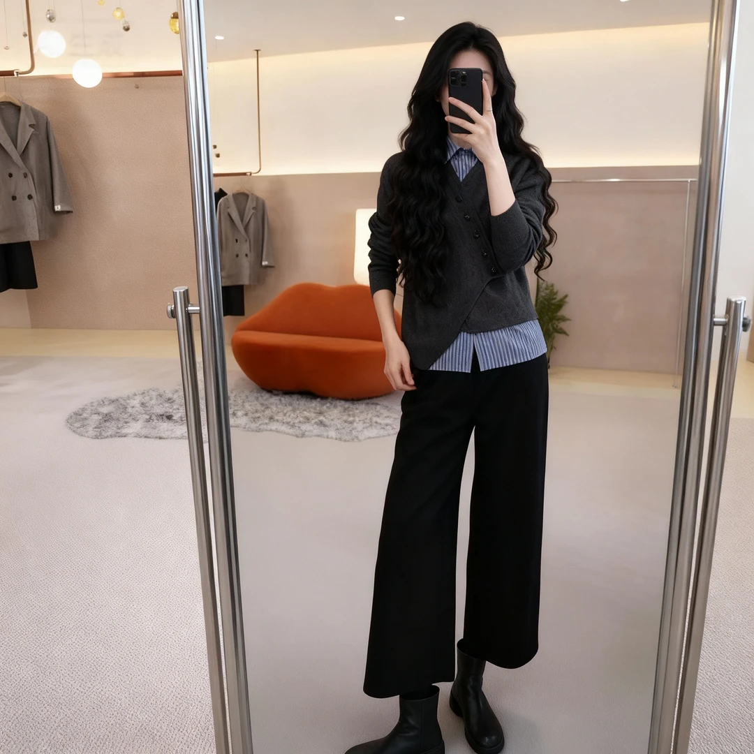 【现货秒发】2025秋冬新款气质显瘦舒适流光风衬衣+毛织上衣两件套