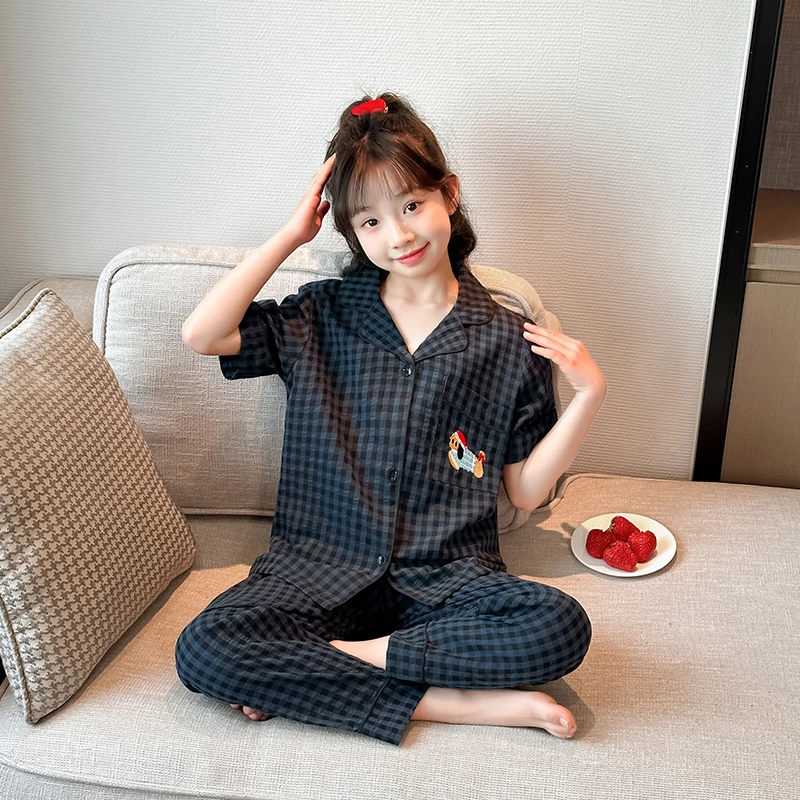儿童睡衣女童夏季薄款短袖卡通日系格子三件套女孩夏天家居服套装