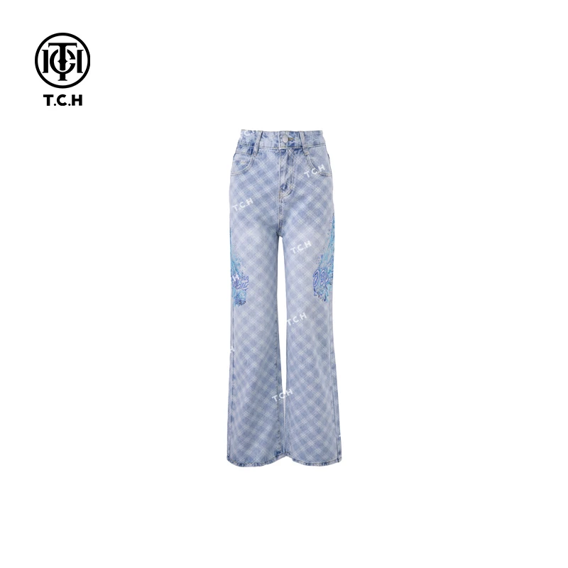 山东-TCH潮牌25春夏新款格子洋气轻奢牛仔长裤女士T75A20E5012