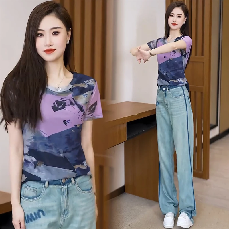 FEIR2025夏季莫奈花园波点百搭圆领T恤洋气修身2025炸街潮牌t恤女