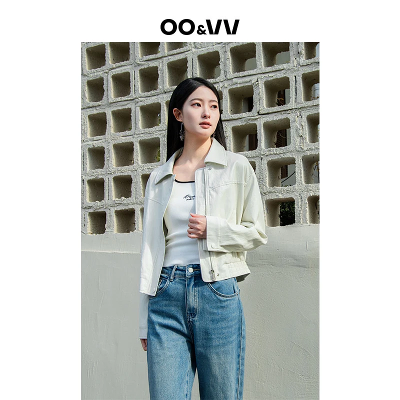 OO&VV【机车潇游】2025春季新款短款小翻领皮衣韩版外套假两件设计