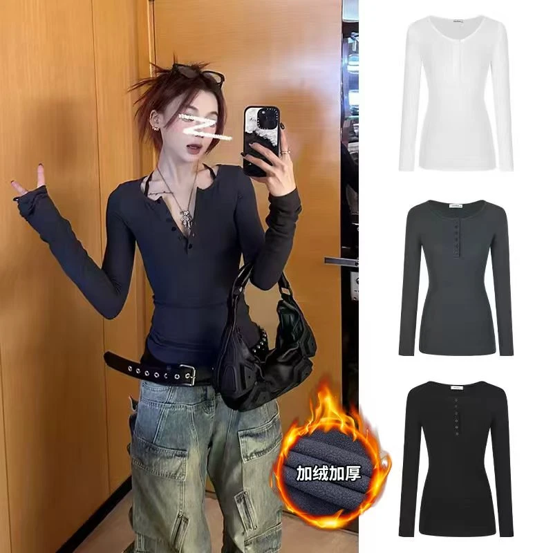 Moses Queen/魔西女王纽扣半开领加绒上衣辣妹修身显瘦长袖T恤冬