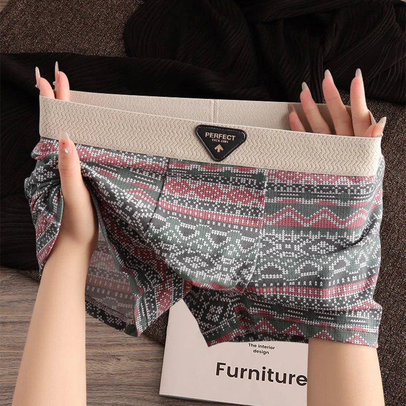 美式复古民族风男士棉质内裤男款舒适透气平角裤时尚男生四角裤头