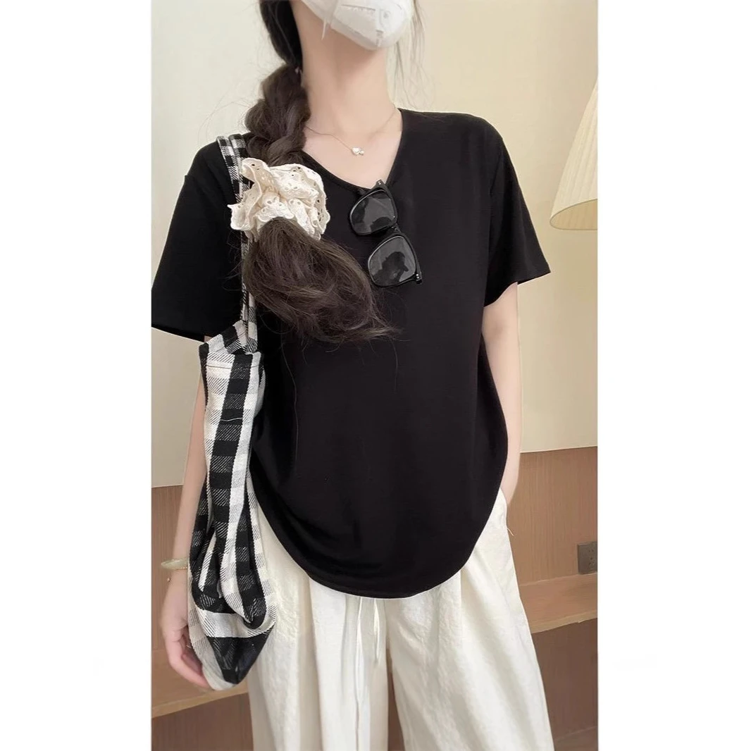 t恤女款短袖女U领白月光升级百搭慵懒宽松低领T恤潮牌广州十三行