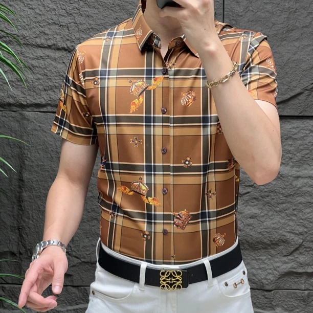 【桑蚕丝】男士夏季休闲短袖皇冠印花时尚百搭免烫抗皱无痕短袖衬衫