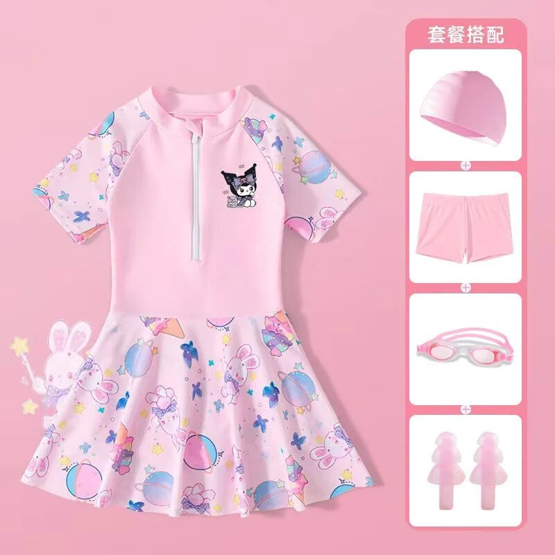 库洛米夏季新款儿童泳衣女童宝宝公主大童连衣裙女孩甜美游泳衣