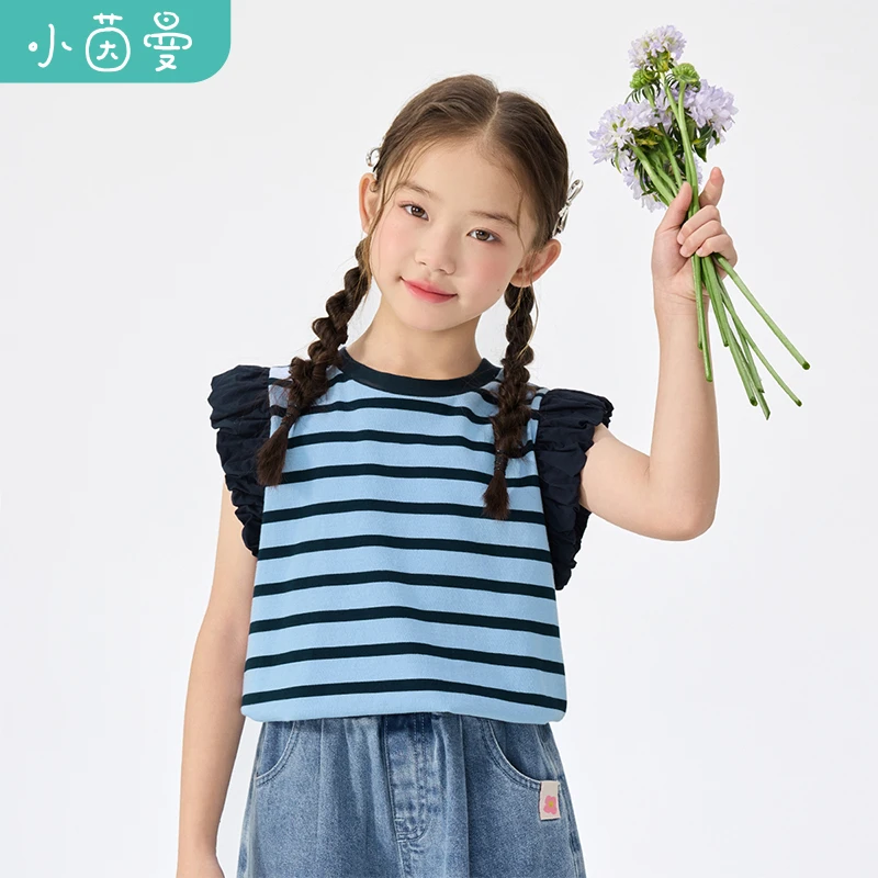 小茵曼女童短袖t恤立挺小飞袖条纹上衣25秋圆领休闲半袖GF3852413