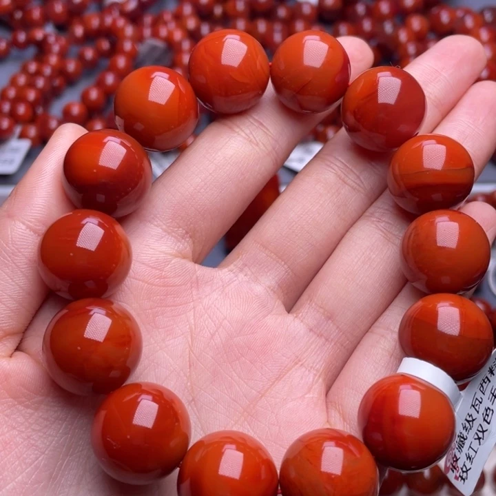 南红玛瑙未镶嵌其他16mm收藏级瓦西玫红双色满肉圆珠手串