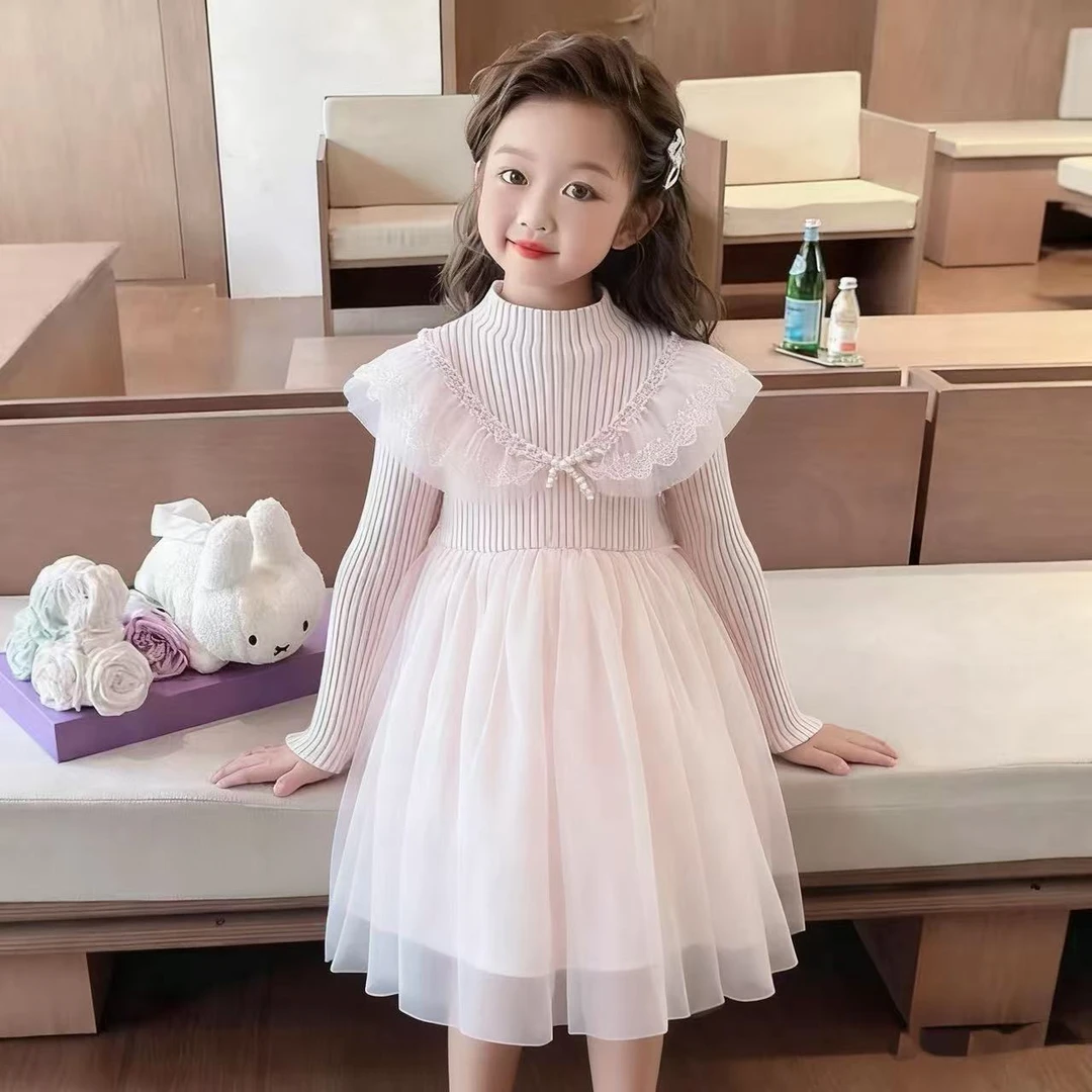 宝宝洋气网纱公主连衣裙2025秋季新款洋气儿童针织衫拼接连衣裙
