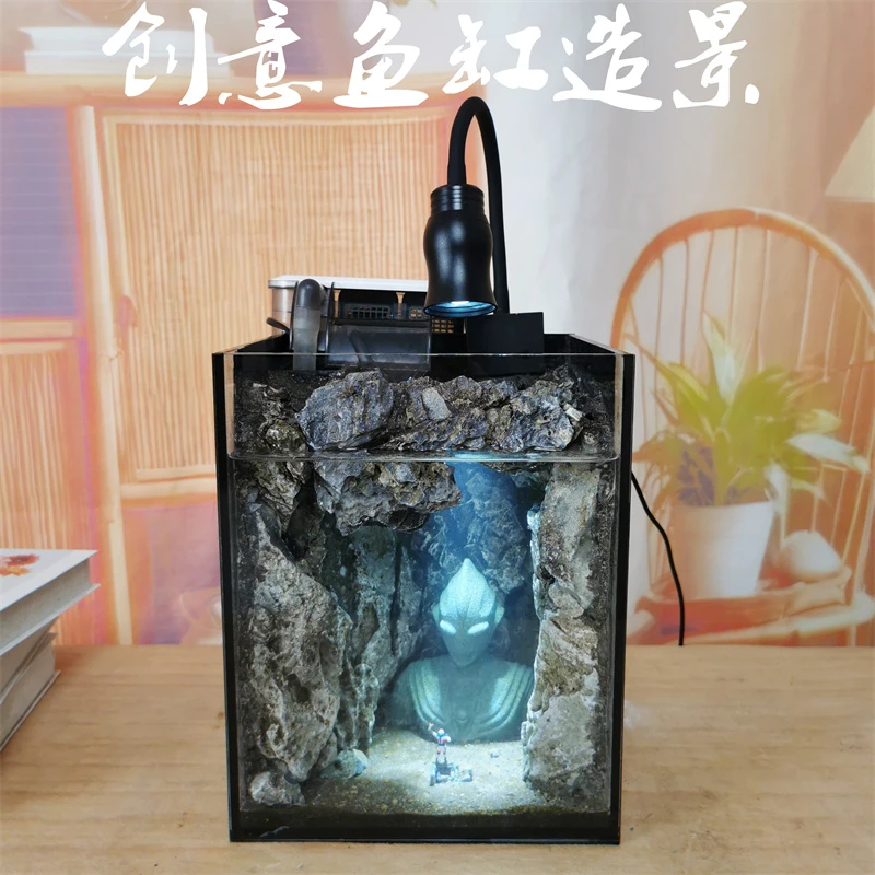 创意小型洞穴鱼缸造景客厅桌面鱼缸免换水侧滤一体造景超白懒人缸