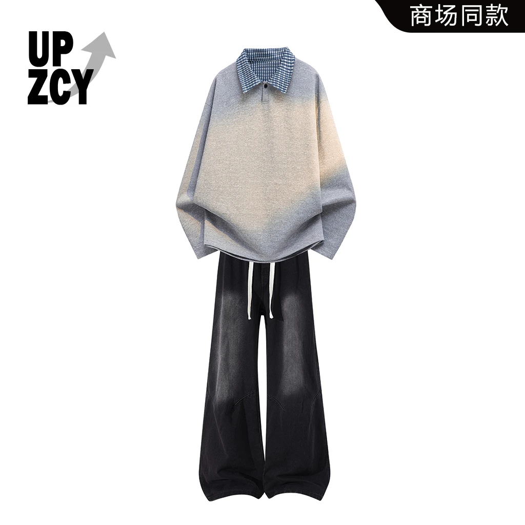 UPZCY美式重磅假两件衬衫领卫衣套装男春秋抽绳水洗牛仔裤两件套