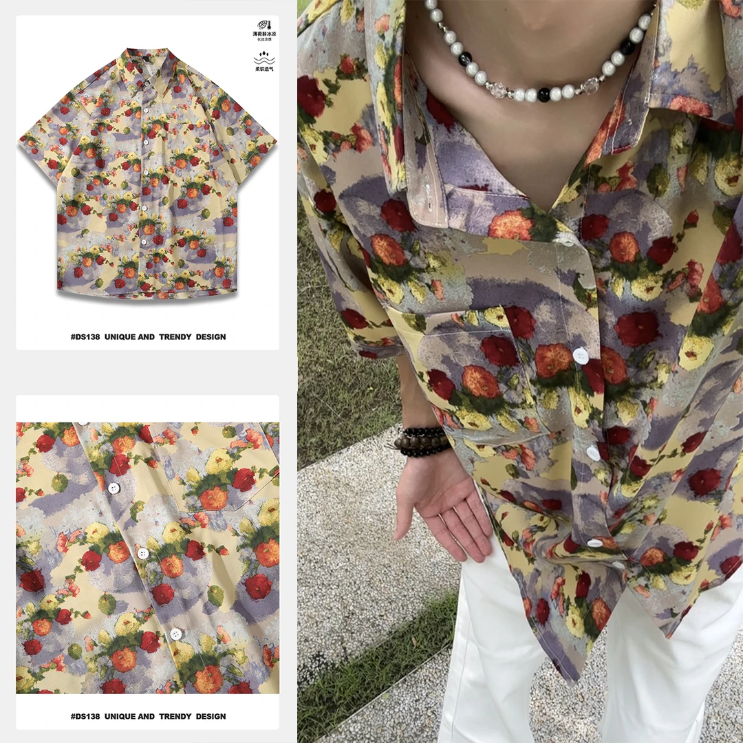 夏季潮流宽松情侣复古港味衬衫设计感衬衣日系休闲满印小众五分袖