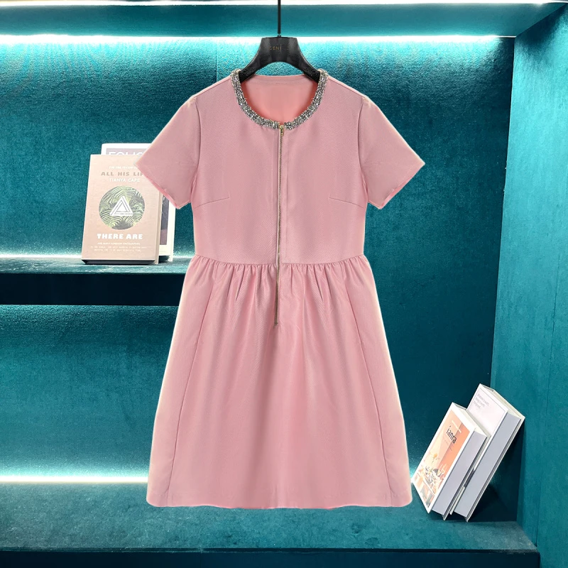 法式青春嫩粉色钉钻带袖连衣裙E021217