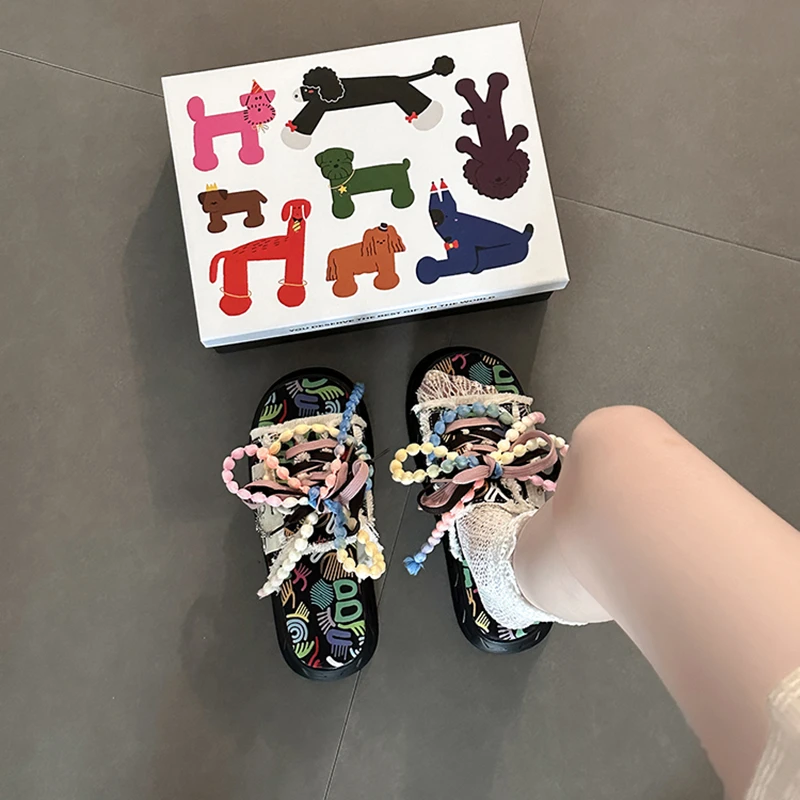 时尚百搭可爱卡通涂鸦拖鞋女款2025夏季新款多巴胺外穿一字拖凉拖