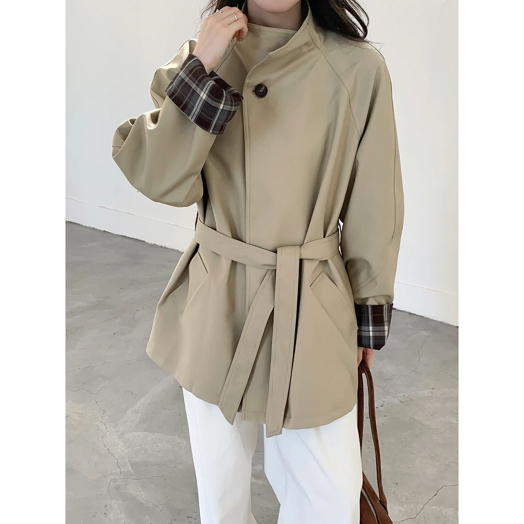 Benview韩系立领风衣外套女小个子2025春秋宽松撞色中长款大衣