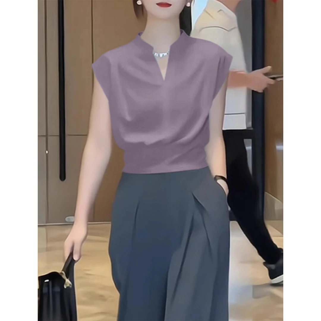 2025夏季新款丁香紫莱赛尔天丝宽松小飞袖针织衫小众V领T恤上衣女