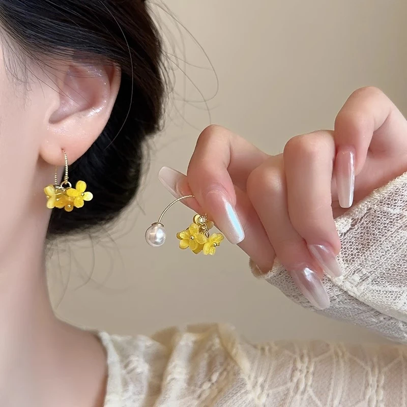 铜合金亚克力项链 超仙桂花流苏珍珠耳环女甜美温柔小众耳坠法式