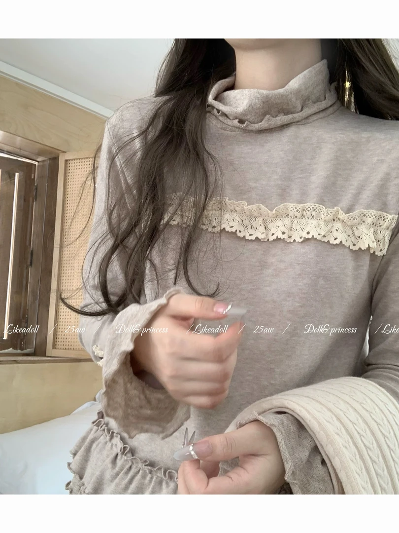 千岛茶色 翻领打底衫女秋冬百搭修身花边拼接内搭#8271