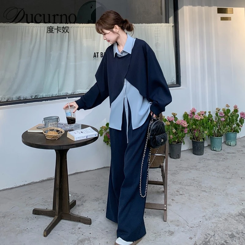 高级感时尚套装女2025年秋季假两件上衣阔腿裤大方得体穿搭两件套