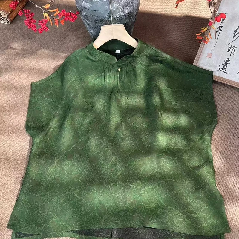 夏季新款新中式国风褶皱立领绿野仙踪旗袍短袖上衣
