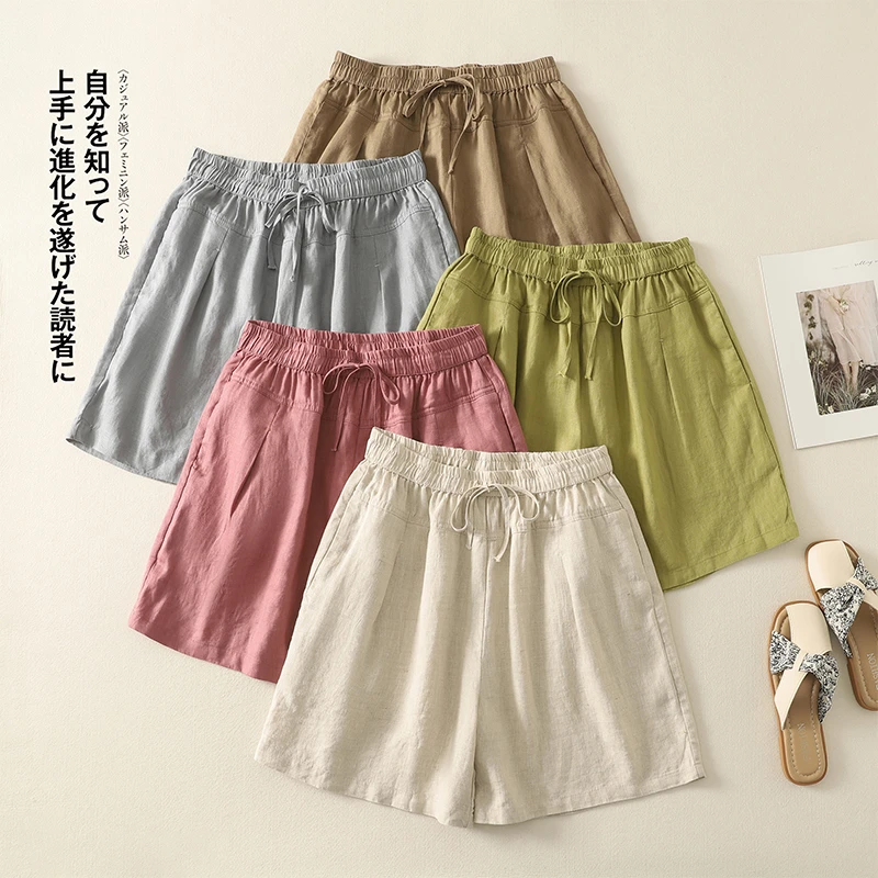 棉麻阔腿短裤女夏季2025新款系带松紧腰宽松显瘦a字休闲五分裤子